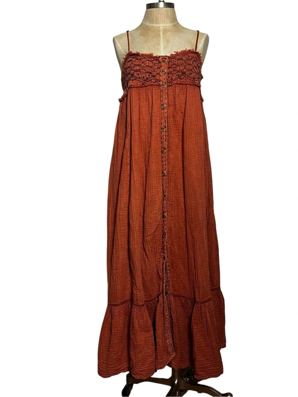 Free People Linda Jo Midi Dress Gauze Embroidered Button Front Rust L - Picture 5 of 15